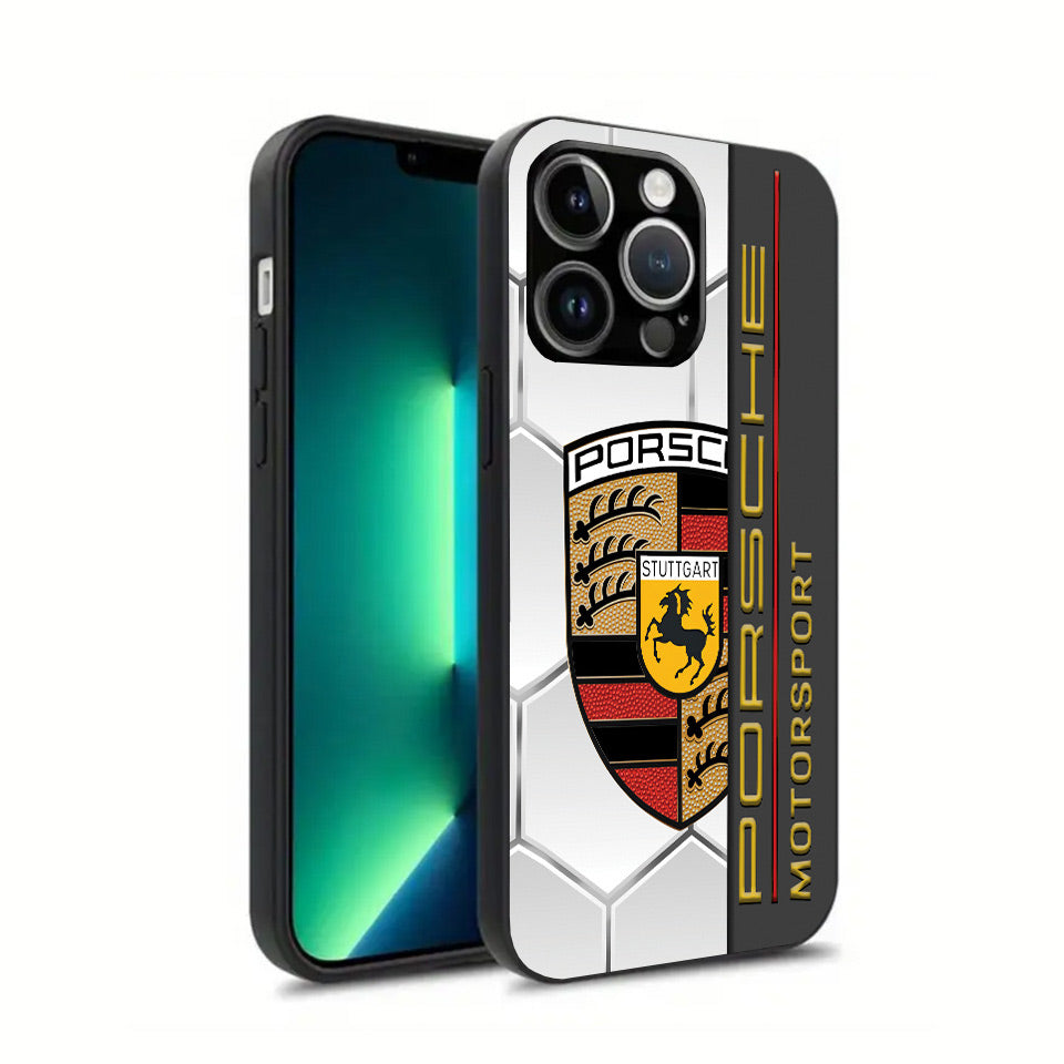 🌟 Luxury Porsche iPhone Case – Sleek Black Silicone & UV Print