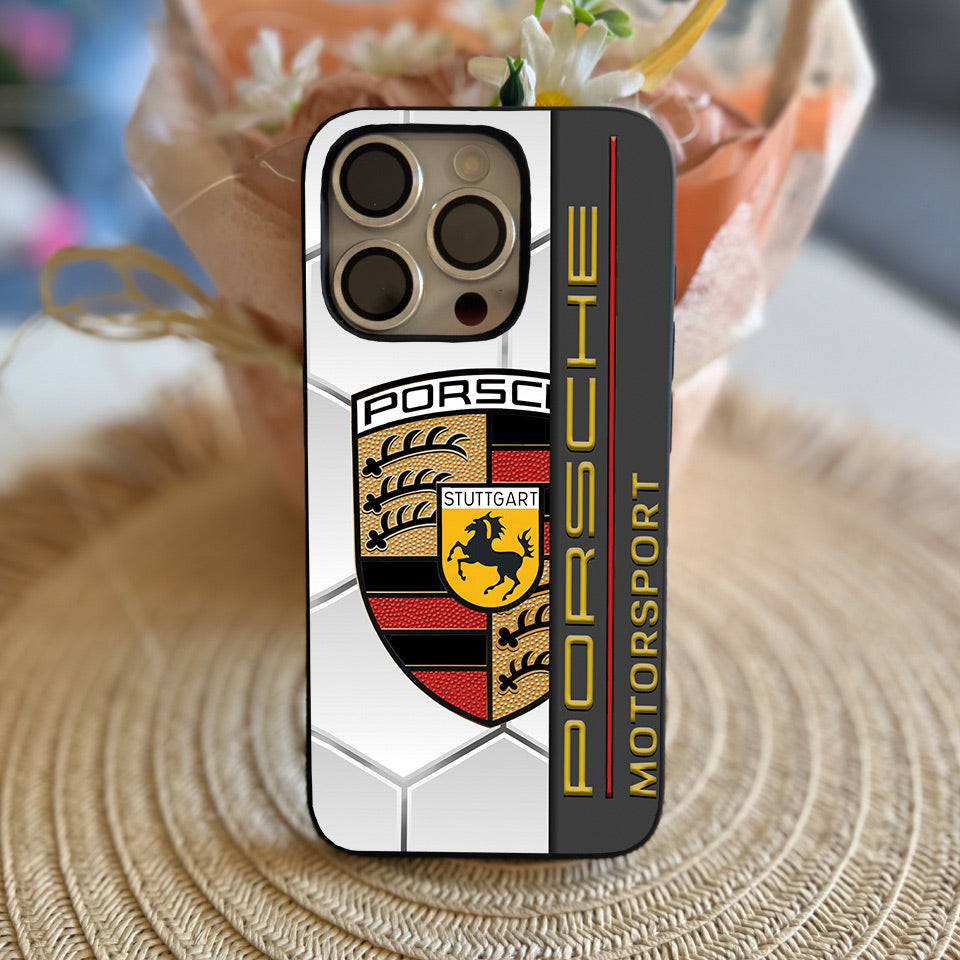 🌟 Luxury Porsche iPhone Case – Sleek Black Silicone & UV Print