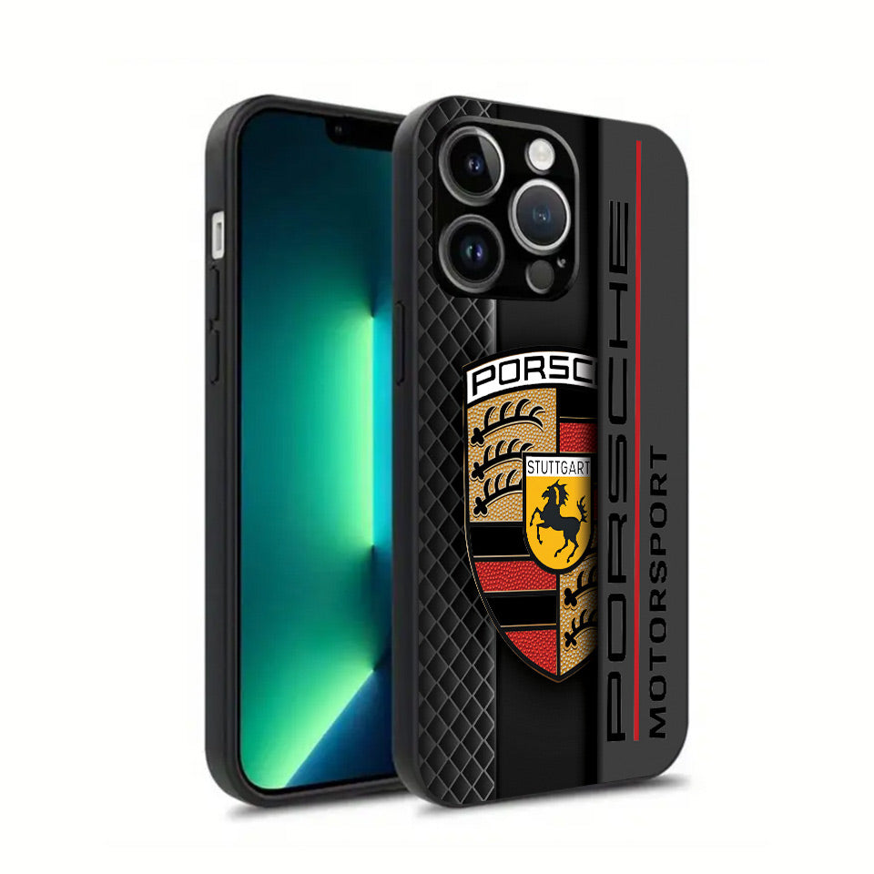 🌟 Luxury Porsche iPhone Case – Sleek Black Silicone & UV Print