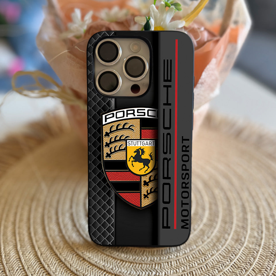 🌟 Luxury Porsche iPhone Case – Sleek Black Silicone & UV Print